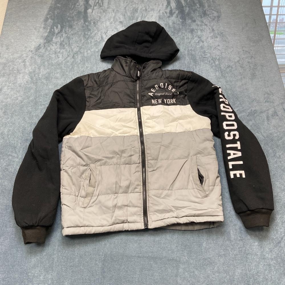 Aeropostale Puffer Jacket Mens Large Gray Black Striped Spellout Logo Hooded